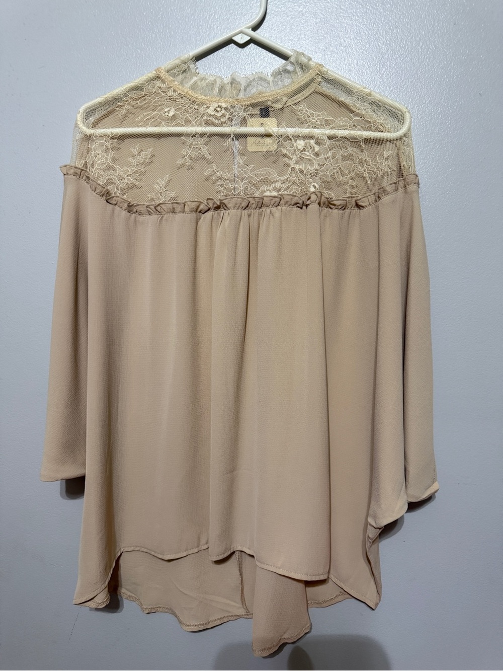 Lace Yoke Long Sleeve Blouse - Beige